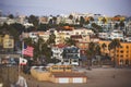 View of historic Santa Monica pier, with beach, amusement park, shops and restaurants, Los-Angeles, California, United States of Royalty Free Stock Photo