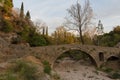 View of the historic stone Old Ribnica River Bridge in the Old Town of Podgorica. Montenegro