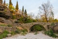 View of the historic stone Old Ribnica River Bridge in the Old Town of Podgorica. Montenegro