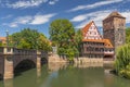 Historic Wine Vault or Weinstadel, water tower and Hangmans Way or Henkersteg beside Pegnitz River in Nuremberg, Germany.