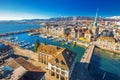 View of historic Zurich city center with famous Fraumunster Church, Limmat river and Zurich lake from