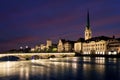 View of historic Zurich city center with famous Fraumunster Church and river Limmat at Lake Zurich , in twilight, Canton Royalty Free Stock Photo