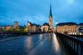 View of historic Zurich city center with famous Fraumunster Church and river Limmat at Lake Zurich , in twilight, Canton Royalty Free Stock Photo