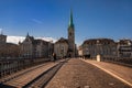 View of historic Zurich city center with famous Fraumunster Church photo taken from the Munsterbrucke bridge which is a