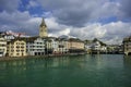 View of historic Zurich city center and turquoise water river Limmat on a cloudly day in summer, Canton of Zurich