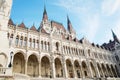 View of historical building of Hungarian Parliament, aka Orszaghaz, with typical symmetrical architecture and central