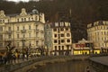 View of historical buildings in Karlovy Vary from the river Tepla, Czech Republic.