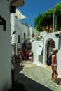 view of the historical bustling shopping streets of Lindos Town, Rhodes, Greece