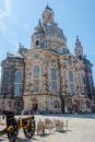 View of historical center, Church of our Lady and Neumarkt square in downtown of Dresden in summer with blue sky with a summer Royalty Free Stock Photo