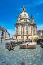 View of historical center, Church of our Lady and Neumarkt square in downtown of Dresden in summer with blue sky with a summer Royalty Free Stock Photo