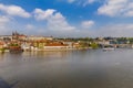 View of historical center of Prague, buildings and landmarks of old town. Boat cruise on Vltava river. Czech Republic. Top touris Royalty Free Stock Photo