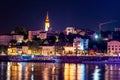 View of the historical city center and the Sava river in Belgrade, capital of Serbia at night. Night lights and water in Royalty Free Stock Photo