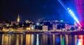 View of the historical city center and the Sava river in Belgrade, capital of Serbia at night. Night lights and water in Royalty Free Stock Photo