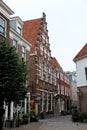 View on a historical house facade along a pedestrian walkway in leiden south holland netherlands