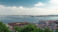 View of the historical Lisbon Baixa downtown and Tagus River, from the Sao Jorge St. George Castle in Lisbon, Portugal