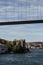 View of historical mansion by Bosphorus in Rumeli Hisari neighborhood on European side and FSM bridge in Istanbul. Royalty Free Stock Photo