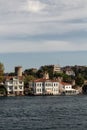 View of historical, traditional mansions and old Anatolian fortress by Bosphorus in Anadolu Hisari