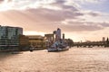 HMS Belfast museum on the river Thames at sunset