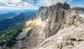 View of Hoher Dachstein from Skywalk, or Honerkogel, on a sunny summer day. Tall, rocky Alpine peaks and vast valley Royalty Free Stock Photo