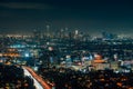 View of Hollywood and the Downtown skyline at night from the Hollywood Bowl Overlook on Mulholland Drive, in Los Angeles, Royalty Free Stock Photo