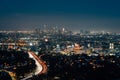 View of Hollywood and the Downtown skyline at night from the Hollywood Bowl Overlook on Mulholland Drive, in Los Angeles, Royalty Free Stock Photo