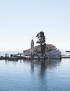 View of Holy Monastery of Panagia Vlacherna, Kanoni, Corfu Island, Kerkyra, Greece with Ionian sea and Pontikonissi island, in a