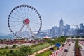 View of Hong Kong Observation Wheel next to the famous Victoria Harbour in Central, Hong Kong