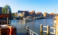 View of Hoorn city port on lake Markermeer with moored pleasure boats