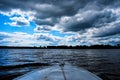 View of the horizon and the river from the boat. White clouds in the blue sky Royalty Free Stock Photo