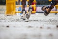 View of horse hooves at jumping competition training