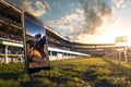 view of horse race through smartphone, juxtaposing digital experience with live action on track