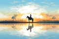 view of a horse and rider silhouette against sunset Royalty Free Stock Photo