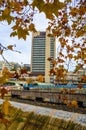 view of a hotel behind the limmat river in swiss city zurich...IMAGE