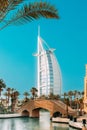 View of Hotel Burj Al Arab, Tower of the Arabs is luxury hotel located in city of Dubai, United Arab Emirates. Managed