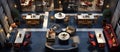 View of a hotel lobby showcasing a mix of wood and metal tables and chairs Royalty Free Stock Photo