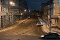 view from the hotel window on the winter night street with old houses and tram tracks in the city of Nizhny Novgorod. Royalty Free Stock Photo