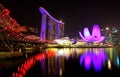 View of the hotel ÃÂ«Marina Bay SandsÃÂ», Art Science Museum, Helix Bridge and Marina Bay Financial Centre in the evening. Royalty Free Stock Photo
