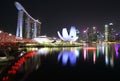 View of the hotel ÃÂ«Marina Bay SandsÃÂ», Art Science Museum, Helix Bridge and Marina Bay Financial Centre in the evening. Royalty Free Stock Photo