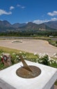 View of the Hottentots-Holland mountains and vineyards from a sundial in Franschhoek Royalty Free Stock Photo