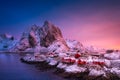 View on the house in the Hamnoy village, Lofoten Islands, Norway. Landscape in winter time during blue hour. Royalty Free Stock Photo