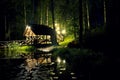 The view on the house next to small pond full of lights at night. Royalty Free Stock Photo