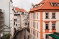 View of houses along the Devil`s Channel from Charles Bridge, Prague Royalty Free Stock Photo