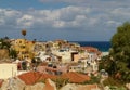 View of the houses of Chania and the bright blue sea