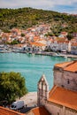 View of houses and harbor from top of bell tower in Trogir Royalty Free Stock Photo