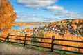 View of the houses of Plyos behind a wooden fence