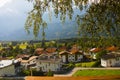 View of the houses of the town of Stribach and the Dolomite Alps Austria.