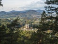 View from Hradni vyhlidka lookout on village Sloup v cechach with mediaval sand stone castle in luzicke hory, Lusatian Royalty Free Stock Photo