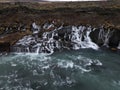 View of Hraunfossar waterfall with multiple rivulets. Iceland. Royalty Free Stock Photo