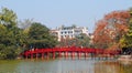 View of The Huc bridge with Hoan Kiem lake in Hanoi, Vietnam Royalty Free Stock Photo