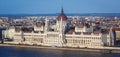 View of Hungarian Parliament Building, Budapest Parliament exterior, also called Orszaghaz, with Donau river and city panorama